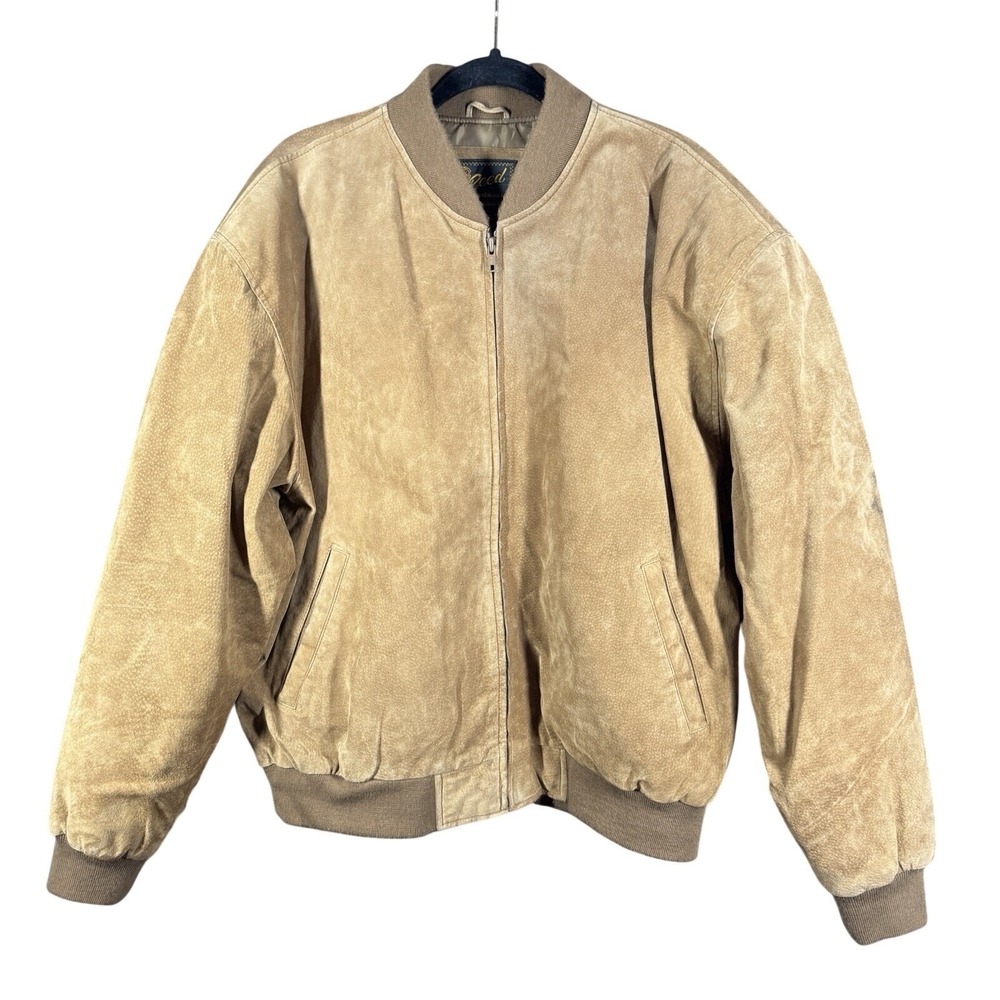 Reed Sportswear‎ Bomber Jacket Men L Tan Suede Leather Full Zip Ribbed Trim